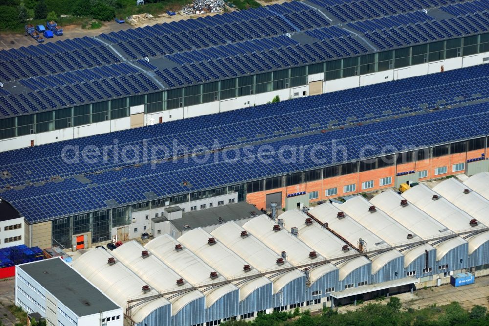 Bernau from above - View to Warehouse complex of the former GDR State Reserve on Schoenfelder way in Bernau in the state of Brandenburg