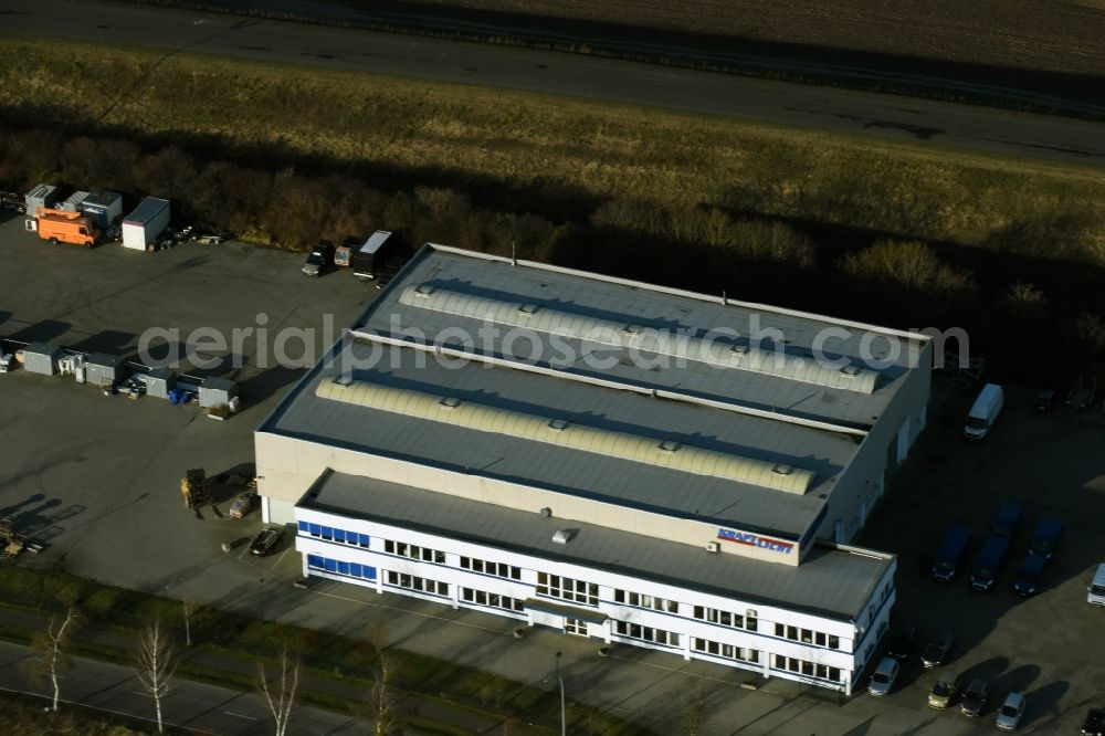 Rüdersdorf from above - Warehouse complex-building in the industrial area Birkenstrasse in Ruedersdorf in the state Brandenburg