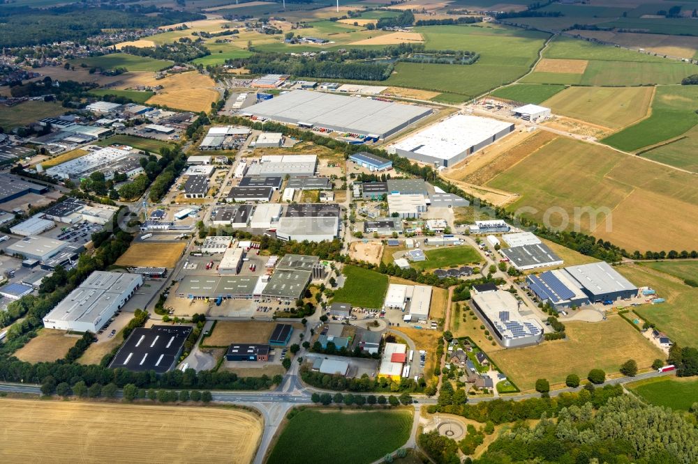 Emmerich am Rhein from above - Warehouse complex-building in the industrial area BLG Handelslogistik GmbH & Co.KG in the district Huethum in Emmerich am Rhein in the state North Rhine-Westphalia, Germany