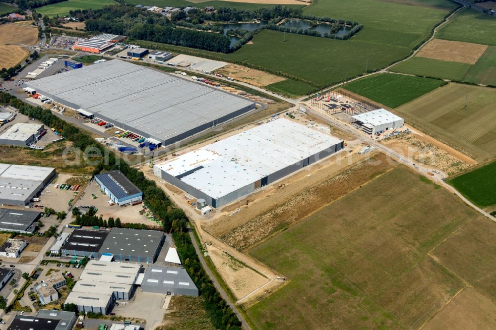 Emmerich am Rhein from the bird's eye view: Warehouse complex-building in the industrial area BLG Handelslogistik GmbH & Co.KG in the district Huethum in Emmerich am Rhein in the state North Rhine-Westphalia, Germany