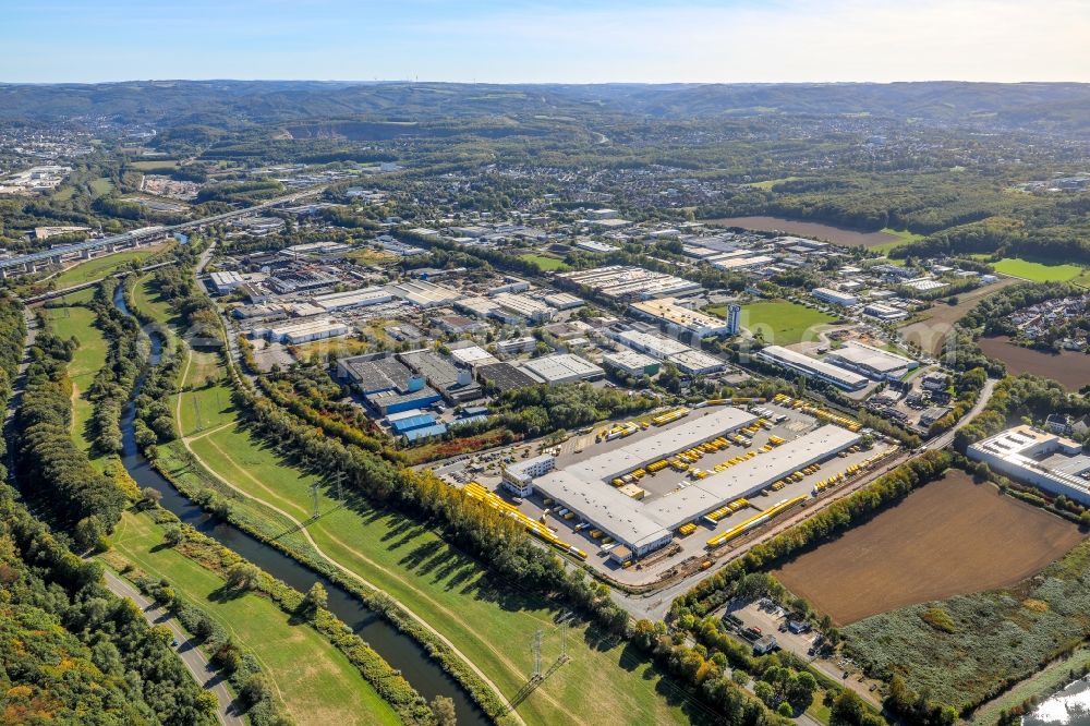 Aerial photograph Hagen - Warehouse complex-building in the industrial area DHL Paketzentrum in Hagen in the state North Rhine-Westphalia, Germany