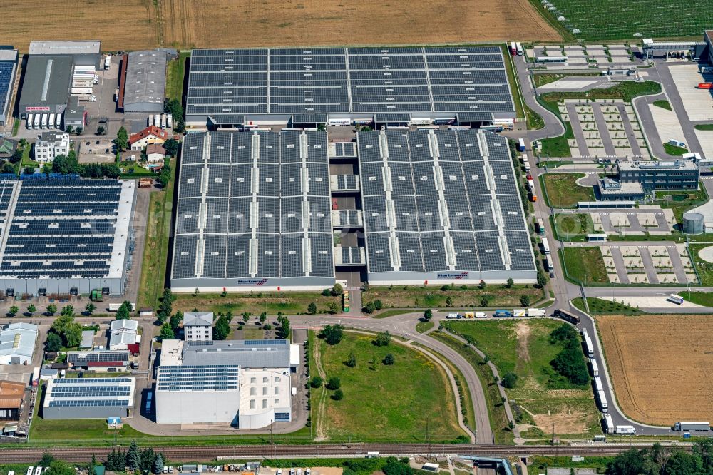 Aerial photograph Muggensturm - Warehouse complex-building in the industrial area Draisstrasse in Muggensturm in the state Baden-Wuerttemberg, Germany