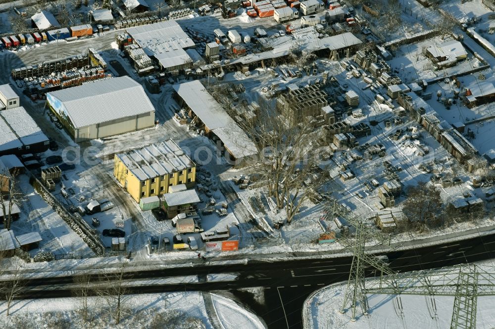 Ahrensfelde from above - Warehouse complex-building in the industrial area a scaffolding company at Eichner Chaussee in Ahrensfelde in the state Brandenburg