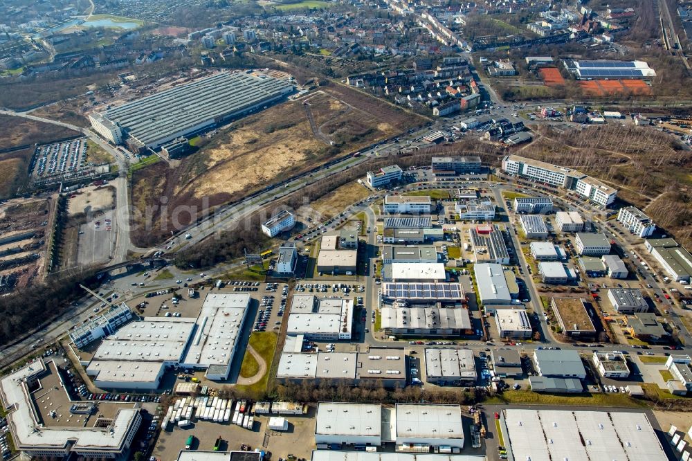 Essen from the bird's eye view: Warehouse complex-building in the industrial area M1 business park Essen in Essen in North Rhine-Westphalia