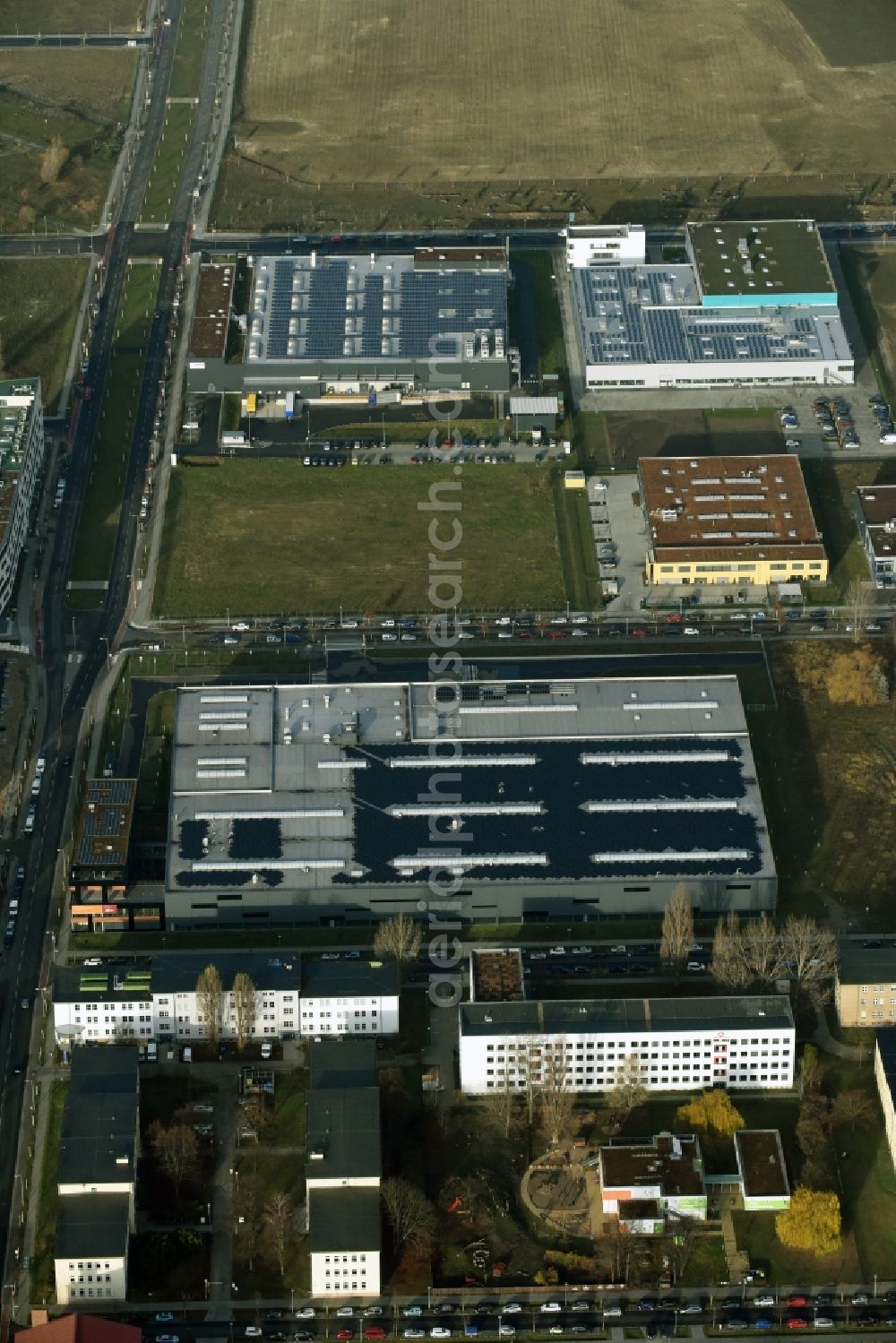 Berlin from above - Warehouse complex-building in the industrial area on Gross-Berliner Damm in Berlin in Germany