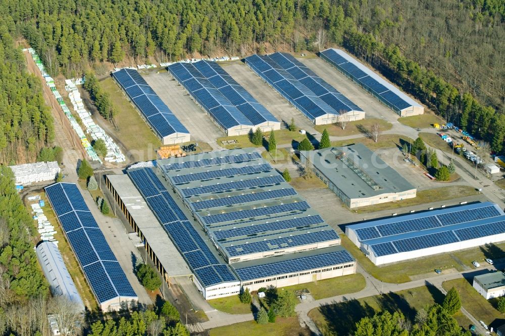 Hangelsberg from the bird's eye view: Warehouse complex-building in the industrial area in Hangelsberg in the state Brandenburg, Germany