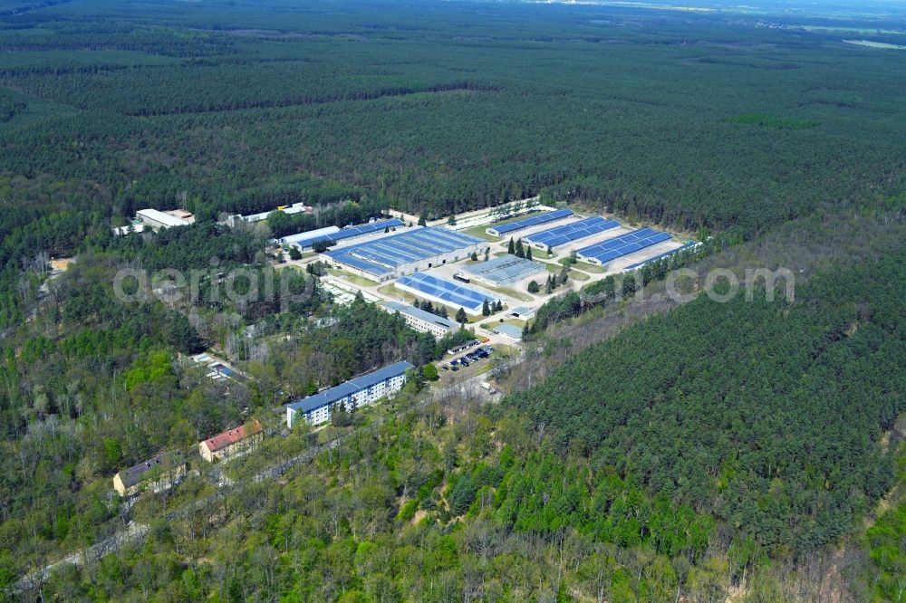 Hangelsberg from the bird's eye view: Warehouse complex-building in the industrial area in Hangelsberg in the state Brandenburg, Germany