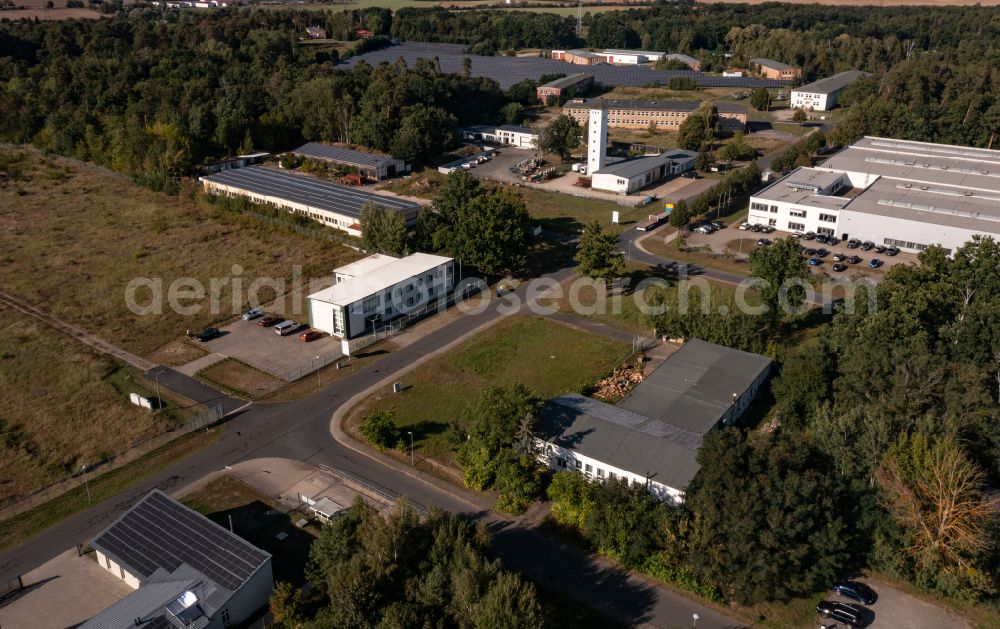 Pinnow from above - Warehouse complex-building in the industrial area Industrie- and Gewerbegebiet Pinnow in Pinnow in the state Brandenburg, Germany