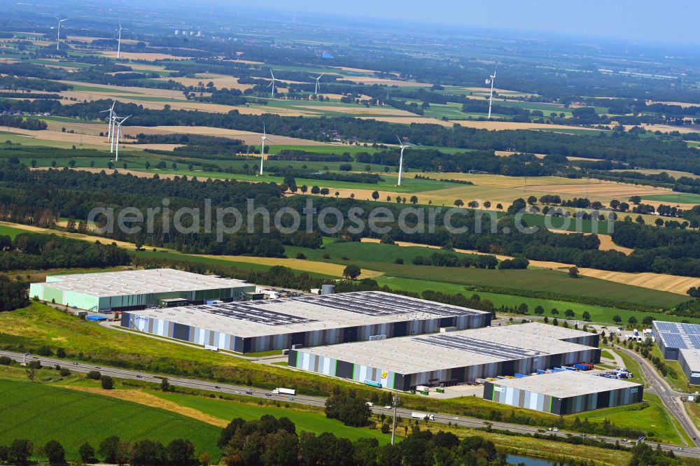 Mienenbüttel from above - Warehouse complex-building in the industrial area on street BAB Autobahn A1 - Schlepelsberg in Mienenbuettel in the state Lower Saxony, Germany