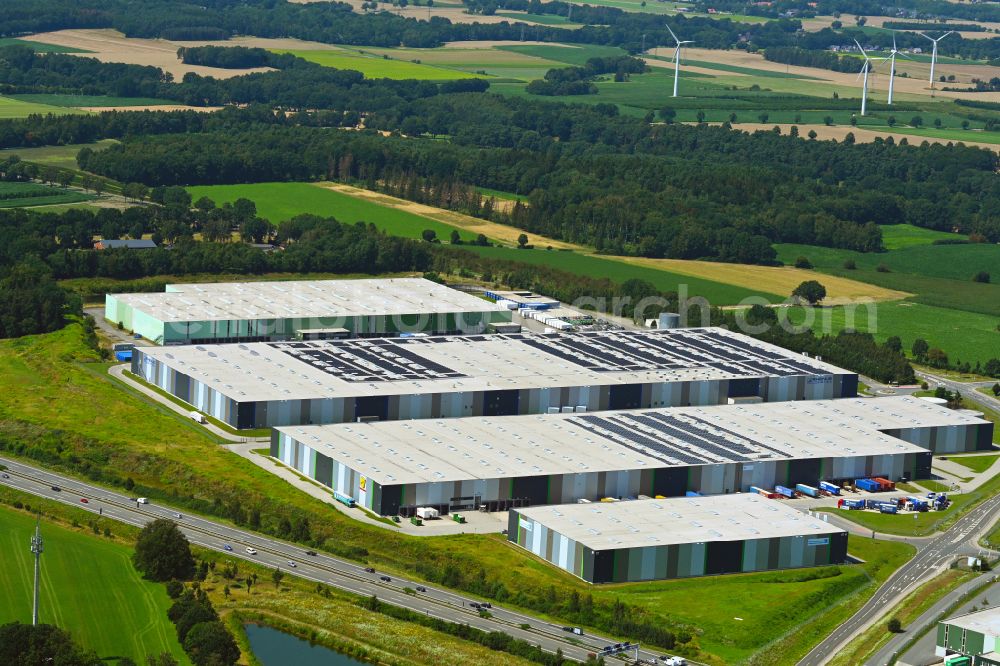 Mienenbüttel from above - Warehouse complex-building in the industrial area on street BAB Autobahn A1 - Schlepelsberg in Mienenbuettel in the state Lower Saxony, Germany