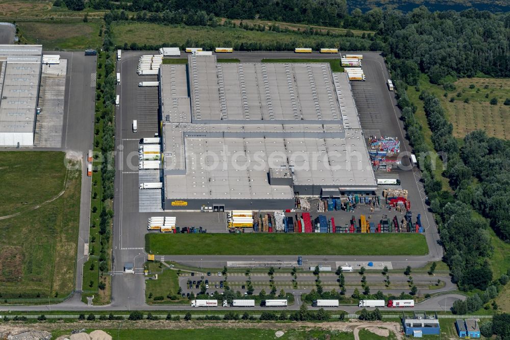 Wörth am Rhein from above - Warehouse complex-building in the industrial area of Netto Handelskette in Woerth am Rhein in the state Rhineland-Palatinate, Germany