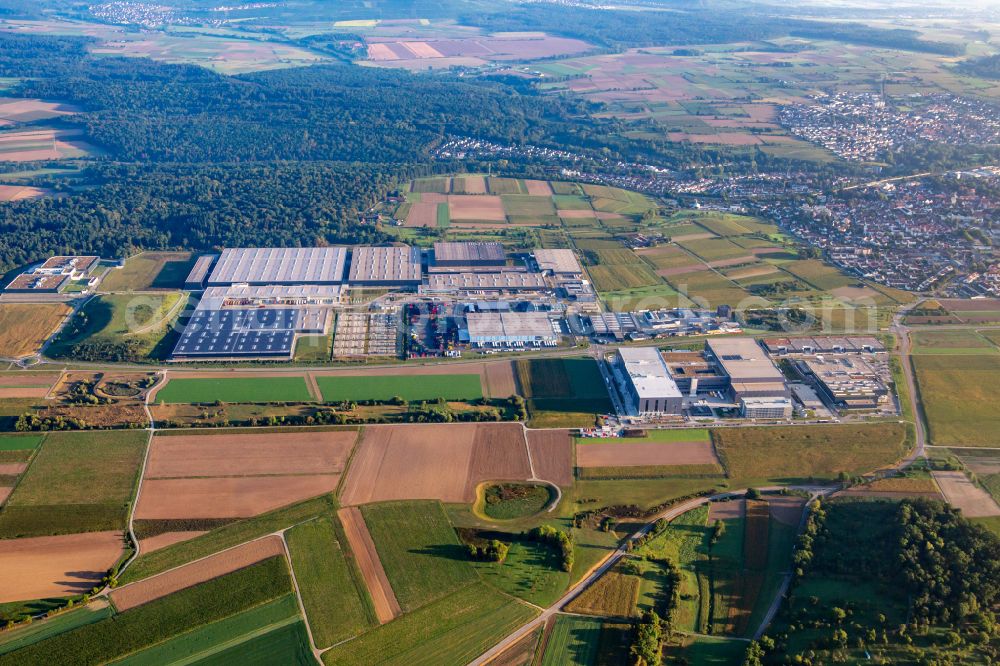 Aerial photograph Sachsenheim - Warehouse complex-building in the industrial area with Porsche factory 16, Porsche Logistics Center and Breuninger Logistik Sachsenheim on place Porscheplatz in Sachsenheim in the state Baden-Wuerttemberg, Germany