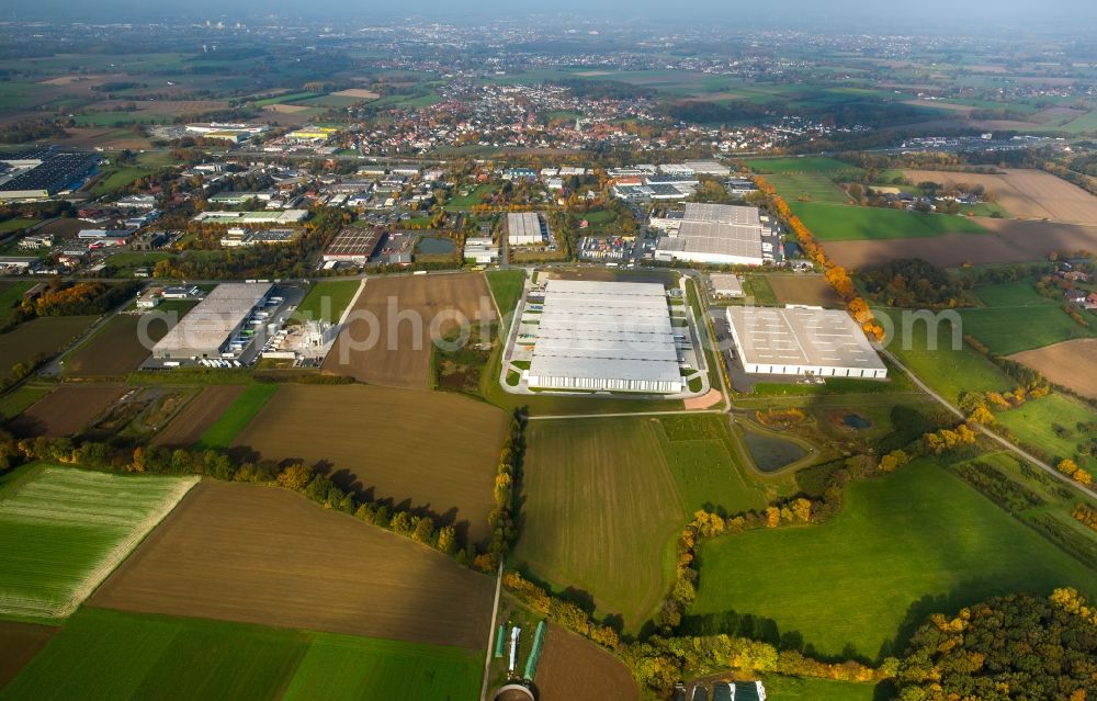 Hamm from the bird's eye view: Warehouse complex-building in the industrial area Rhynern-South in Hamm in the state of North Rhine-Westphalia