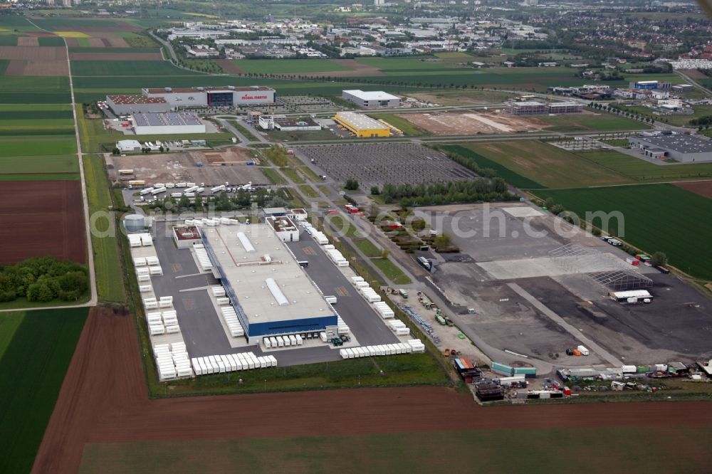 Aerial image Mainz - Warehouse complex-building of the logistics company Hermes in the business area Wirtschaftspark Mainz - Rhein / Main in Mainz in the state Rhineland-Palatinate, Germany