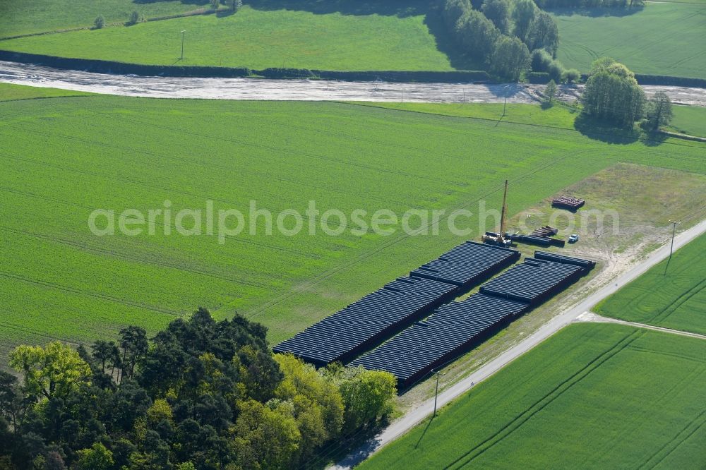 Aerial photograph Zützen - Storage yard of pipeline of the EUGAL route in a forest near Zuetzen in the state of Brandenburg, Germany