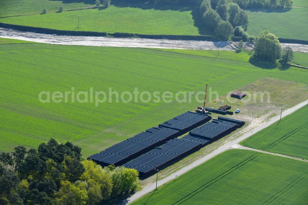 Zützen from above - Storage yard of pipeline of the EUGAL route in a forest near Zuetzen in the state of Brandenburg, Germany