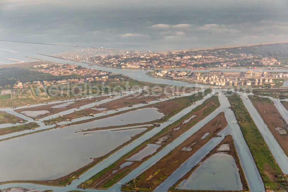 Aerial photograph Marina di Ravenna - Water surface at the seaside mole Lagune Pialassa Baiona in Marina di Ravenna in Emilia-Romagna, Italy