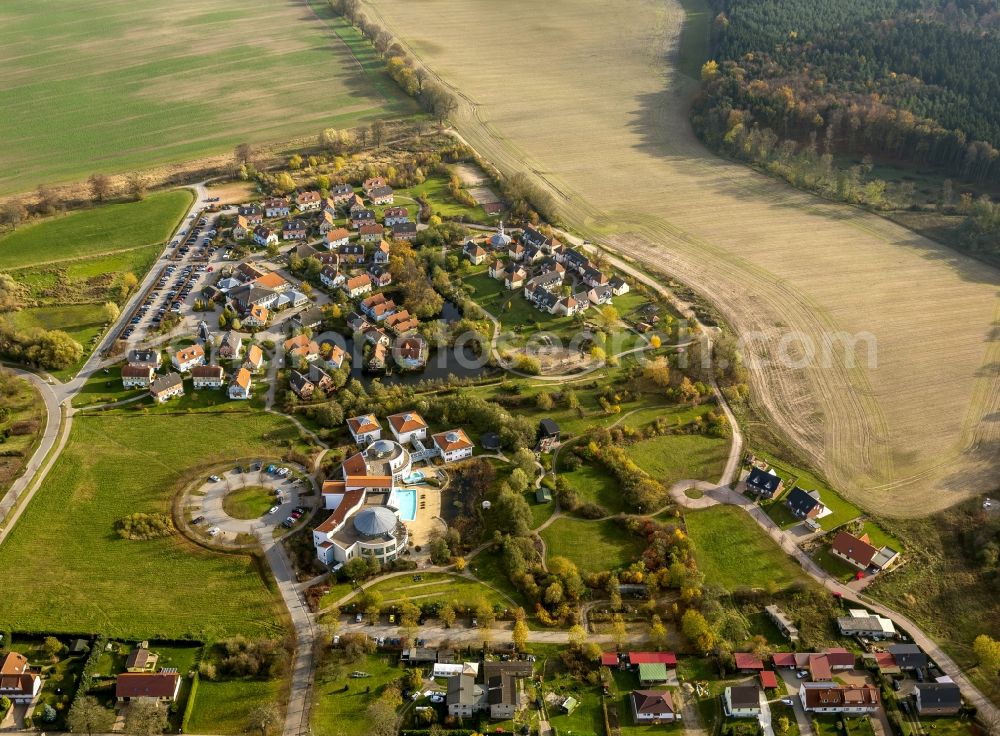 Göhren-Lebbin from above - Building of the Land Fleesensee Spa in a residential area in Goehren-Lebbin in Mecklenburg Lake District in the state Mecklenburg-Western Pomerania