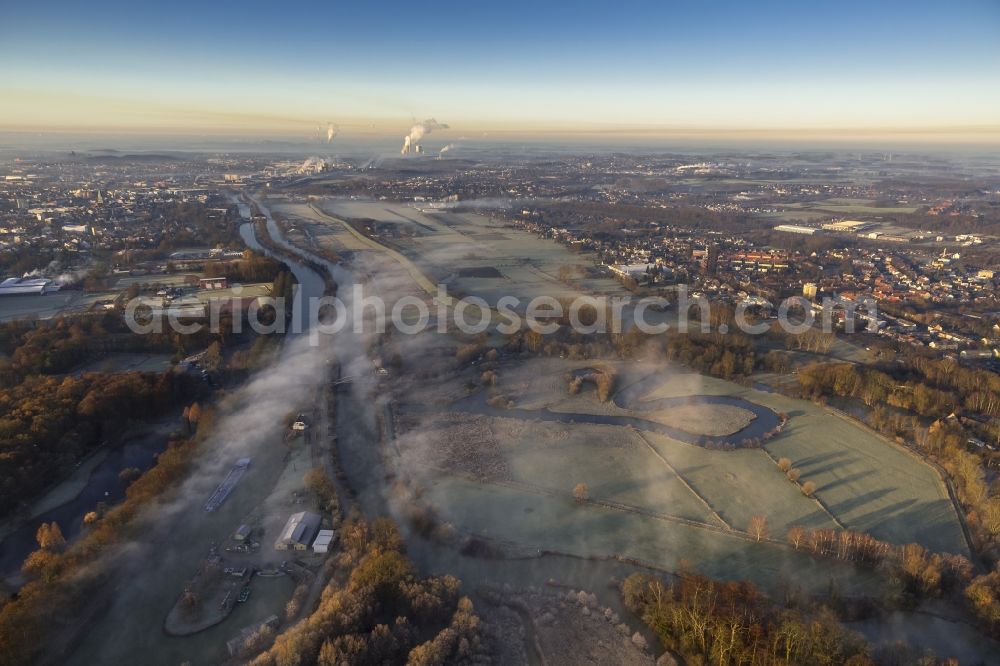 Aerial image Hamm - Runway 06 24 of airfield Hamm-Lippewiesen EDLH in morning fog at sunrise in Hamm, North Rhine-Westphalia