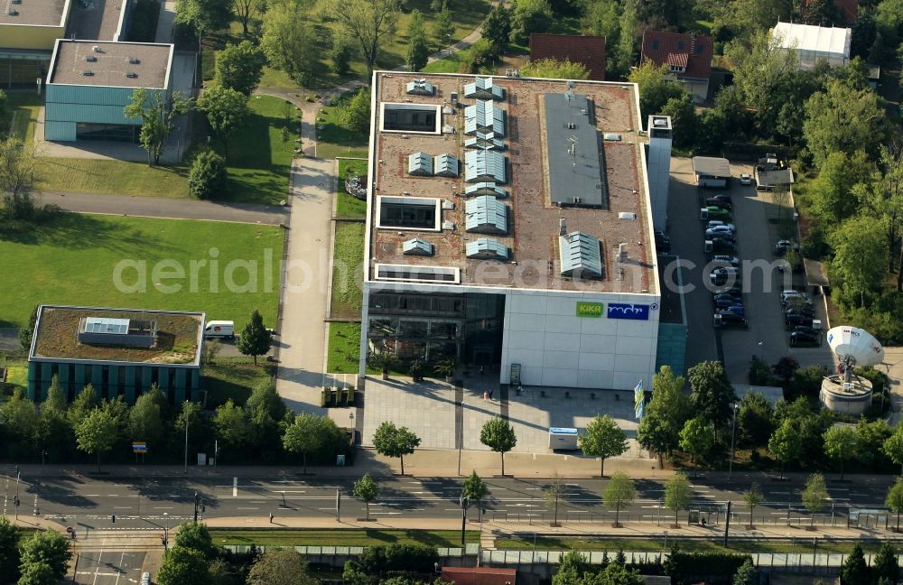 Aerial image Erfurt - View of the MDR state broadcast studio of Thuringia, the children's channel of ARD and ZDF and the children's media center at the Studio Park in Erfurt in Thuringia