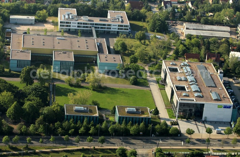 Aerial photograph Erfurt - View of the MDR state broadcast studio of Thuringia, the children's channel of ARD and ZDF and the children's media center at the Studio Park in Erfurt in Thuringia