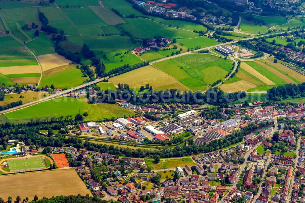 Kollnau from above - Industrial and commercial area on the edge of agricultural fields and fields on street Am Vorwerk in Kollnau in the state Baden-Wuerttemberg, Germany