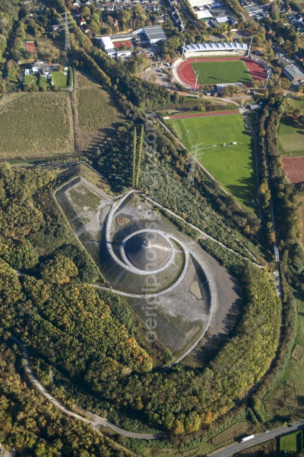 Gelsenkirchen from above - Landmark Himmelstreppe the artist Herman Prigann on a former slag heap in Gelsenkirchen in North Rhine-Westphalia