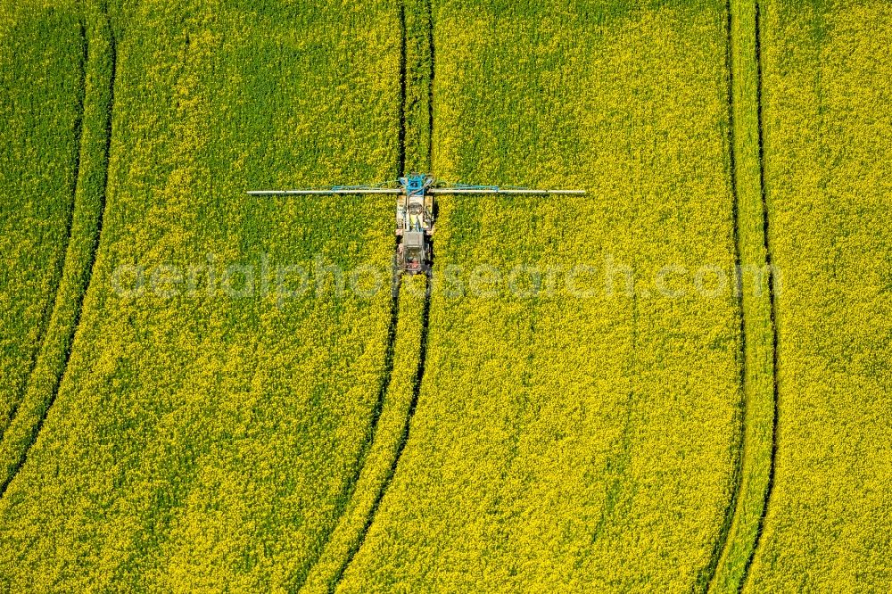 Uelde from the bird's eye view: Farm equipment used for fertilizing yellow fields in Uelde in the state North Rhine-Westphalia, Germany