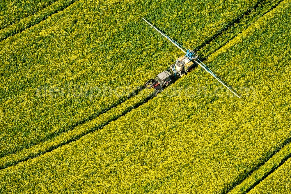 Aerial image Uelde - Farm equipment used for fertilizing yellow fields in Uelde in the state North Rhine-Westphalia, Germany