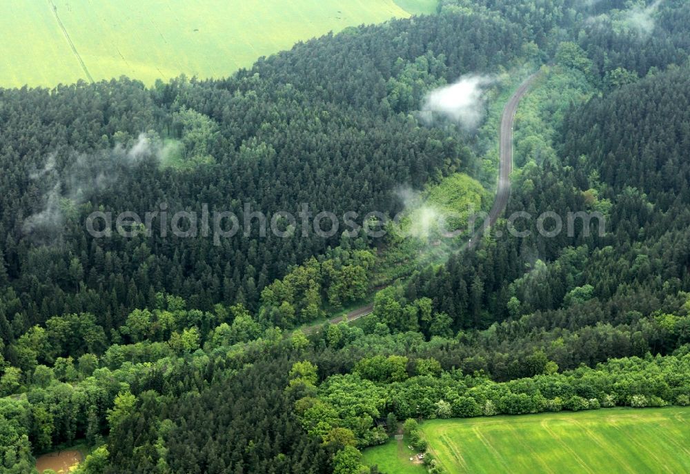 Aerial image Hermsdorf - Landscape ascending mist clouds from a forest near Hermsdorf in Thuringia