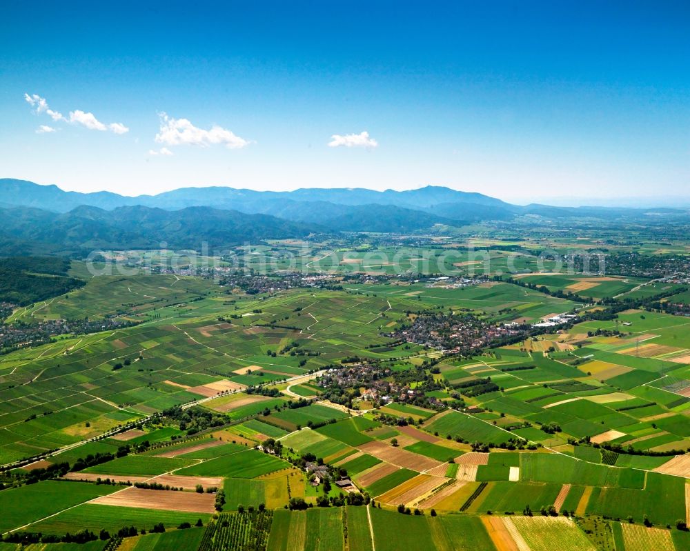 Aerial image Schallstadt - Landscape at the Wolfenweiler part of Schallstadt in the state of Baden-Wuerttemberg. The landscape is characterised by fields and agriculture. The moutain ranges of the Alps are visible in the background. View from Wolfenweiler to the South-East