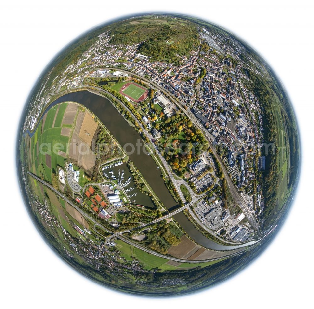 Aerial photograph Merzig - Fish- eye view from the north on the course of the Saar with the Lorraine Bridge, from Merzig to Hilbringen Rieffstraße and the industrial area on the eastern side of the river, as well as the marina Merzig on the western bank