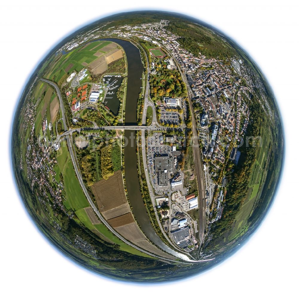 Merzig from above - Fish- eye view from the north on the course of the Saar with the Lorraine Bridge, from Merzig to Hilbringen Rieffstraße and the industrial area on the eastern side of the river, as well as the marina Merzig on the western bank