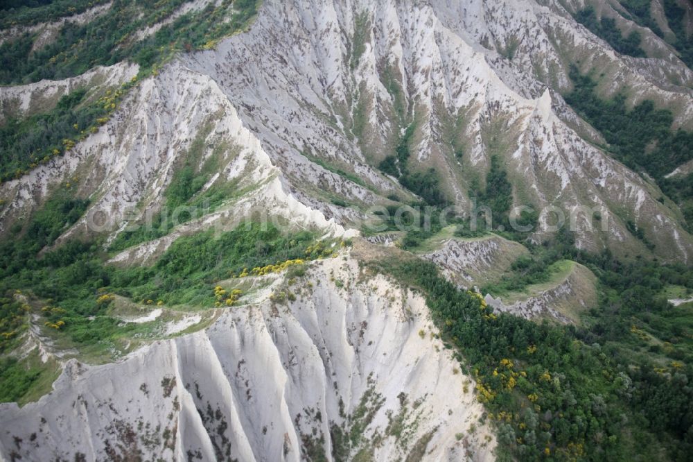 Bagnoregio from the bird's eye view: Landscape with traces of erosion in the volcanic tuff near Bagnoregio in Lazio in Italy