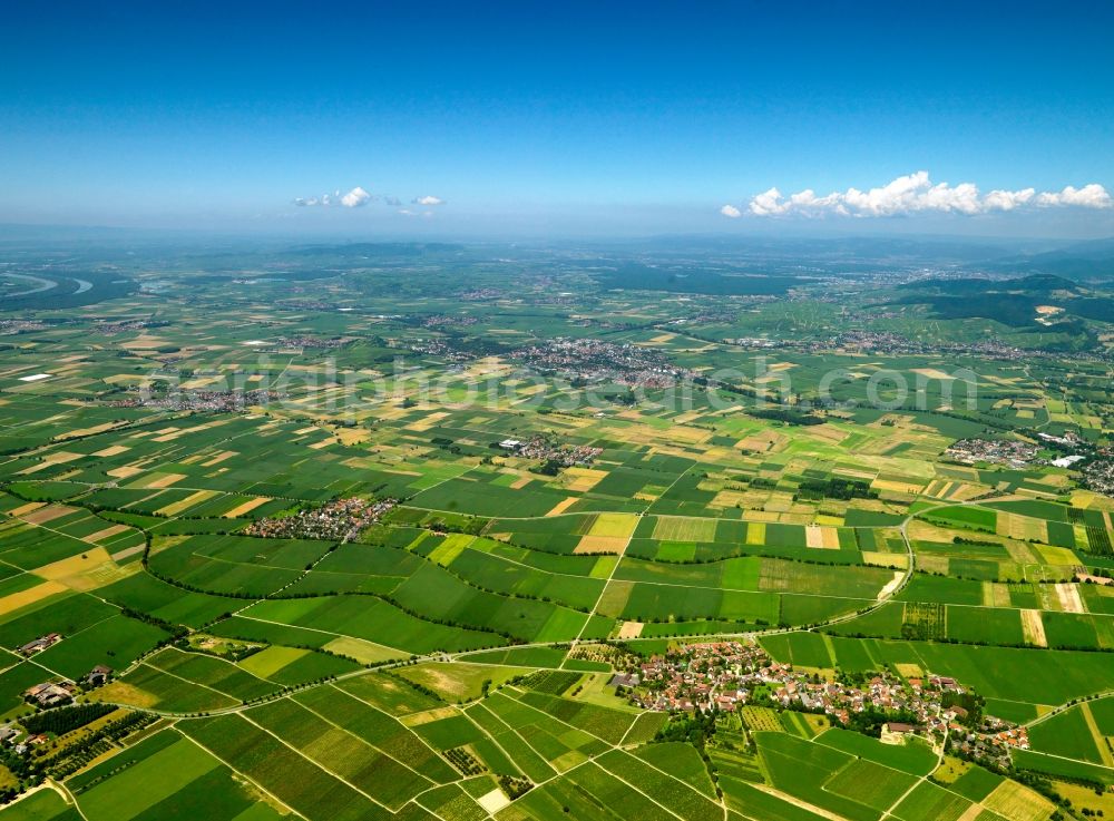 Heitersheim from above - Landscape of fields of agriculture near Heitersheim in the state of Baden-Württemberg