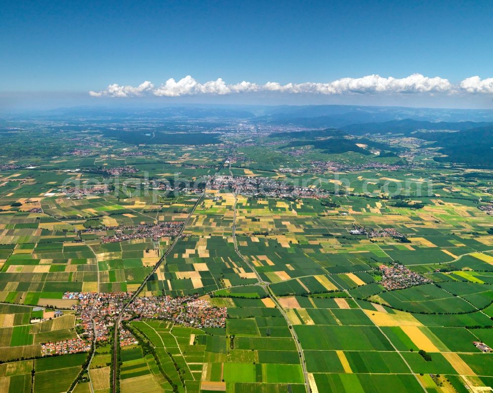 Heitersheim from above - Landscape of fields of agriculture near Heitersheim in the state of Baden-Württemberg