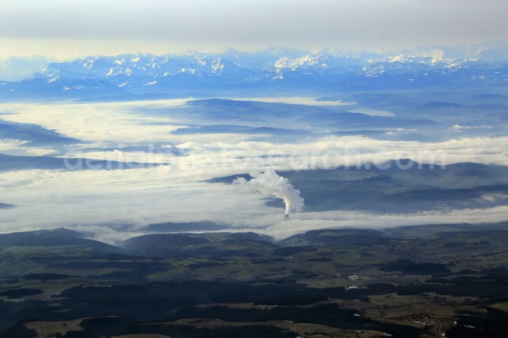 Aerial image Waldshut-Tiengen - Landscape in the Upper Rhine area at Waldshut-Tiengen in the state Baden-Wuerttemberg. Looking to the alps. Out of the fog climbs the steam column of the swiss nuclear powerplant Leibstadt