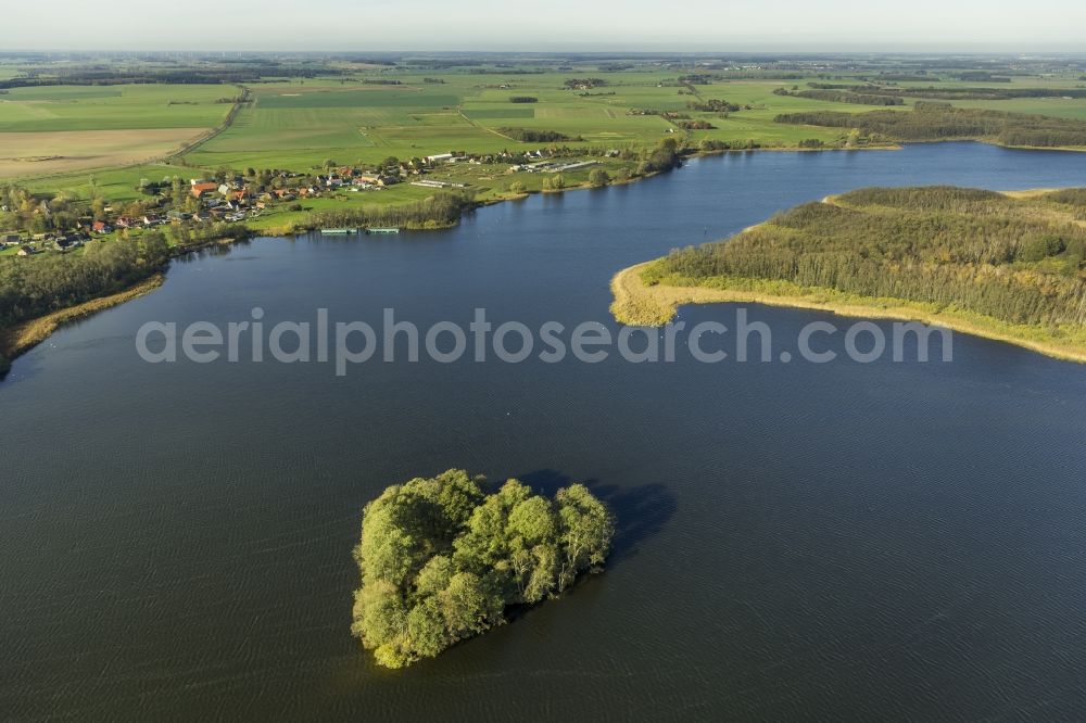 Rechlin from above - Landscape at the Little Müritz lake with Baumwall Heart Island at the Mecklenburg Lake District in Rechlin in Mecklenburg - Western Pomerania