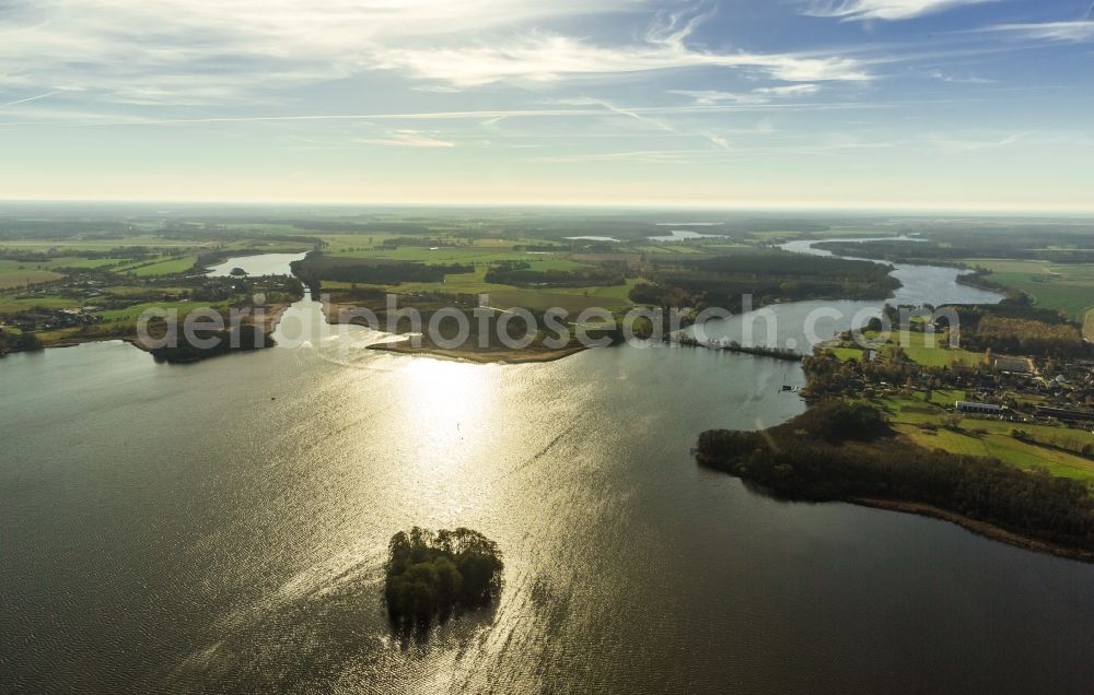 Rechlin from above - Landscape at the Little Müritz lake with Baumwall Heart Island at the Mecklenburg Lake District in Rechlin in Mecklenburg - Western Pomerania