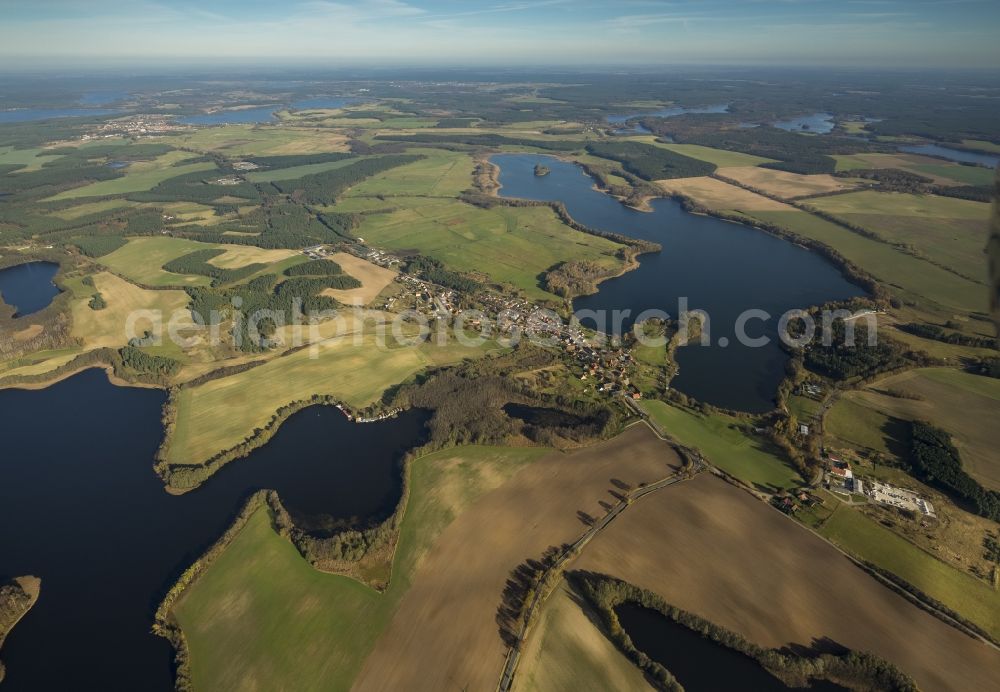 Wustrow from the bird's eye view: Landscape of the Mecklenburg Lake District in Wustrow in Mecklenburg - Western Pomerania