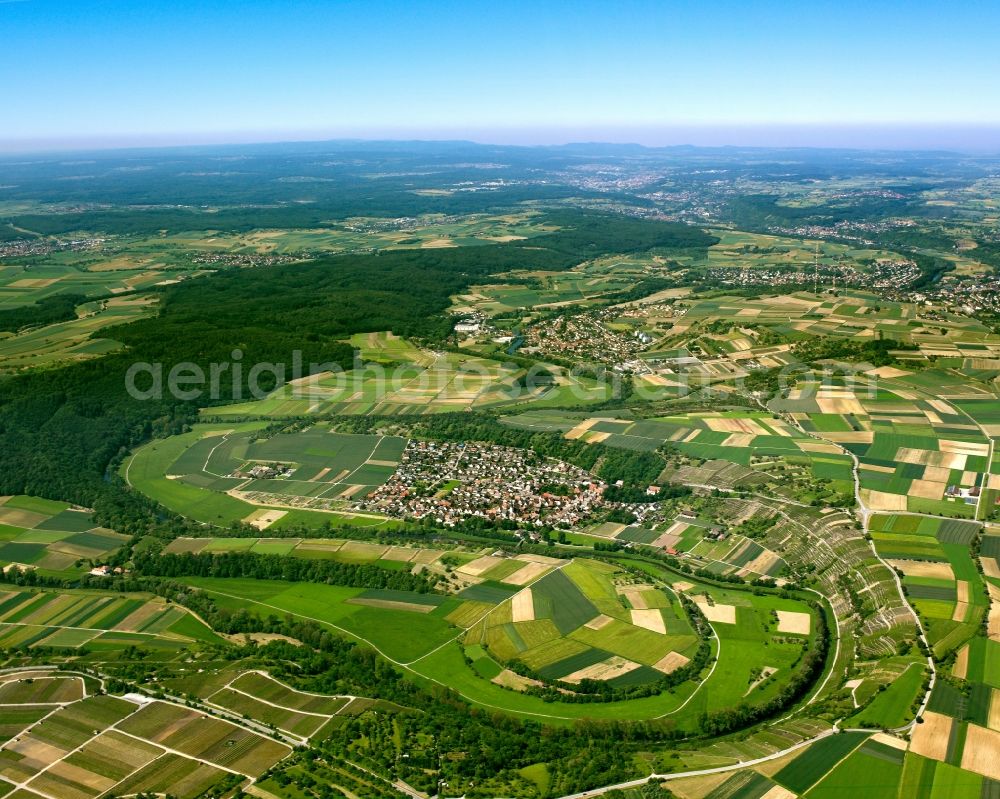 Mühlacker OT Mühlhausen an der from the bird's eye view: Landscape with Town View from Mühlhausen an der Enz, a district of Muehlacker in Baden-Württemberg