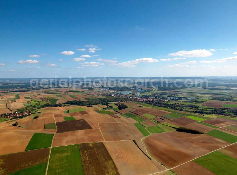 Dettelbach from above - Landscape around the Bibergau part of Dettelbach in the state of Bavaria. Bibergau is surrounded by agricultural fields and acres in flatland close to Dettelbach