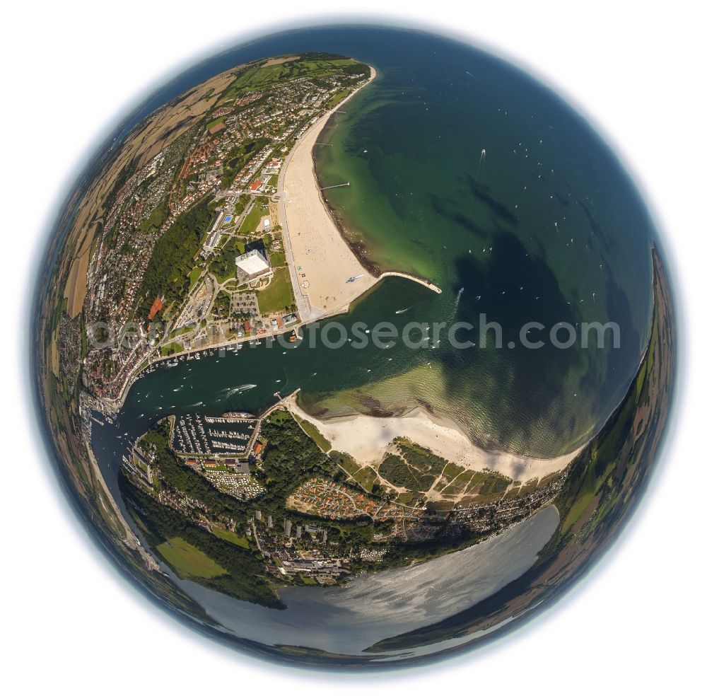 Aerial photograph Lübeck OT Travemünde - Fisheye - Landscape of the Baltic Sea port of Lübeck - Travemünde at the mouth of the river Trave in Lübeck Bay in the state of Schleswig-Holstein