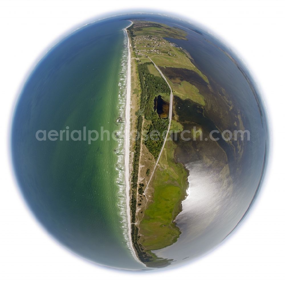 Klausdorf from above - Fisheye- Landscape of the Baltic Sea coast of the island at Hiddensee near Klausdorf in Mecklenburg-Western Pomerania