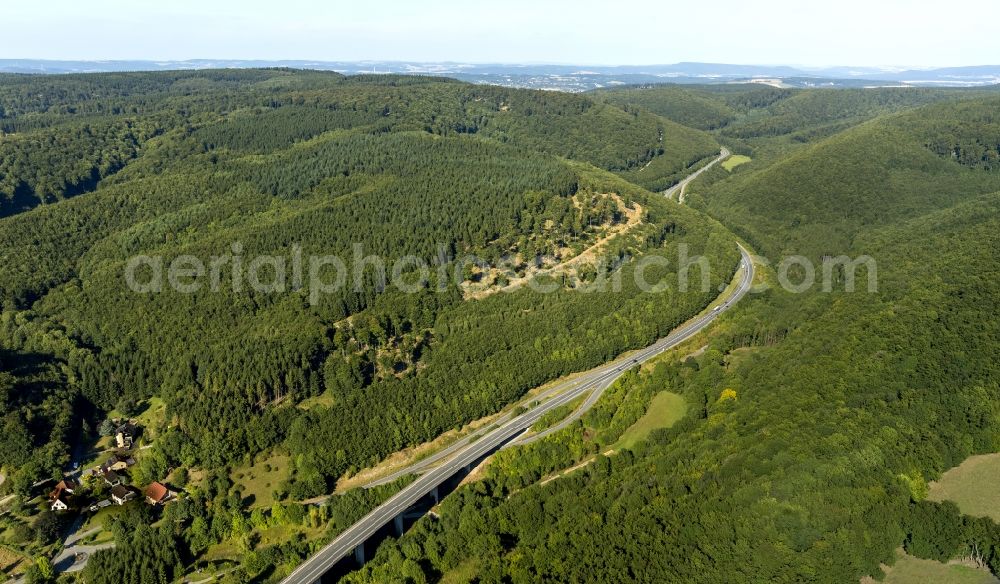 Horn-Bad Meinberg from the bird's eye view: The Landscape of Schlänger Bach as inflow to the lip of the Teutoburg Forest in Eggegebirge in East Westphalia in the state of North Rhine-Westphalia