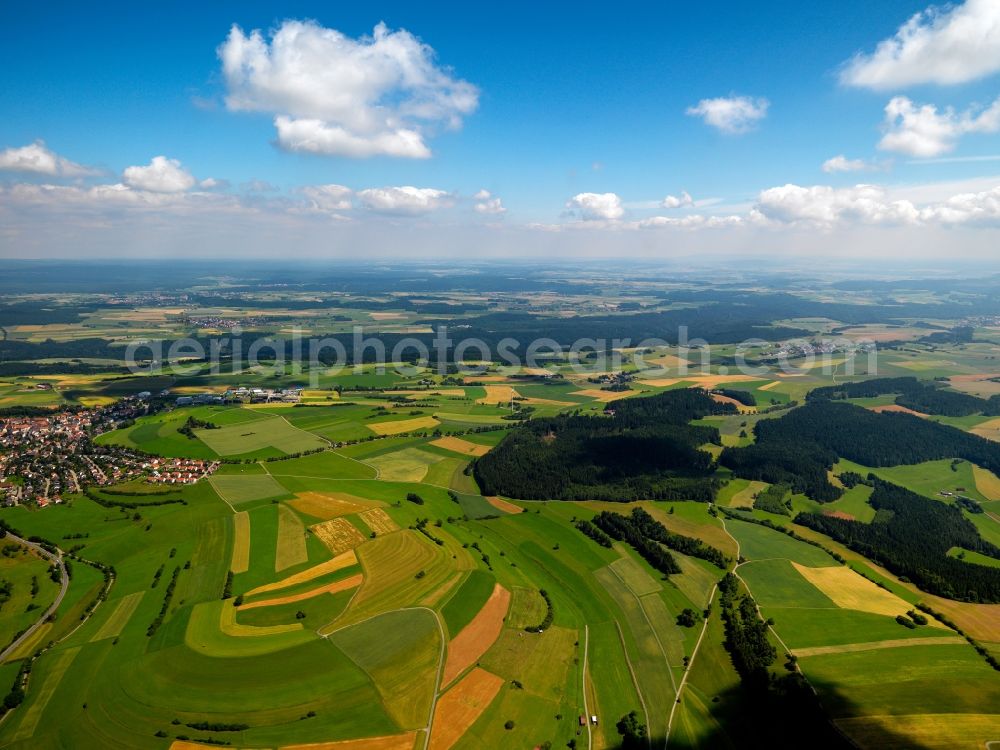 Bonndorf im Schwarzwald from the bird's eye view: Landscape south of Bonndorf in the Black Forest in the state of Baden-Wuerttemberg. View from the West to the East across the agricultural fields and forest of the region