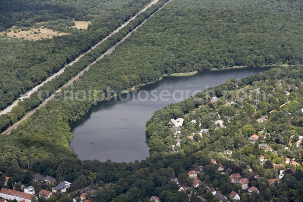 Berlin from the bird's eye view: Landscape of the chain of lakes on Schlachtensee Grunewald in Berlin