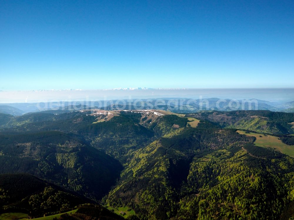 Falkau from above - Landscape from the ski resort and winter sports center Feldberg in the Black Forest in Falkau in the state of Baden-Württemberg