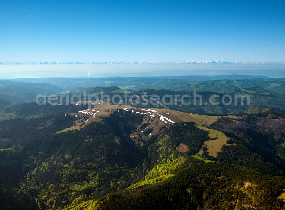 Falkau from above - Landscape from the ski resort and winter sports center Feldberg in the Black Forest in Falkau in the state of Baden-Württemberg