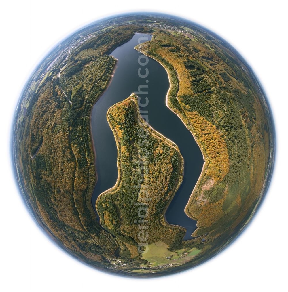 Nonnenweiler from the bird's eye view: Fish- eye- Landscape of the dam / Primstalsperre Nonnenweiler in the state Sarland